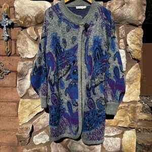 Vintage Michael Carol Cardigan Small Oversized Mohair Purple Paisley Italian 90s